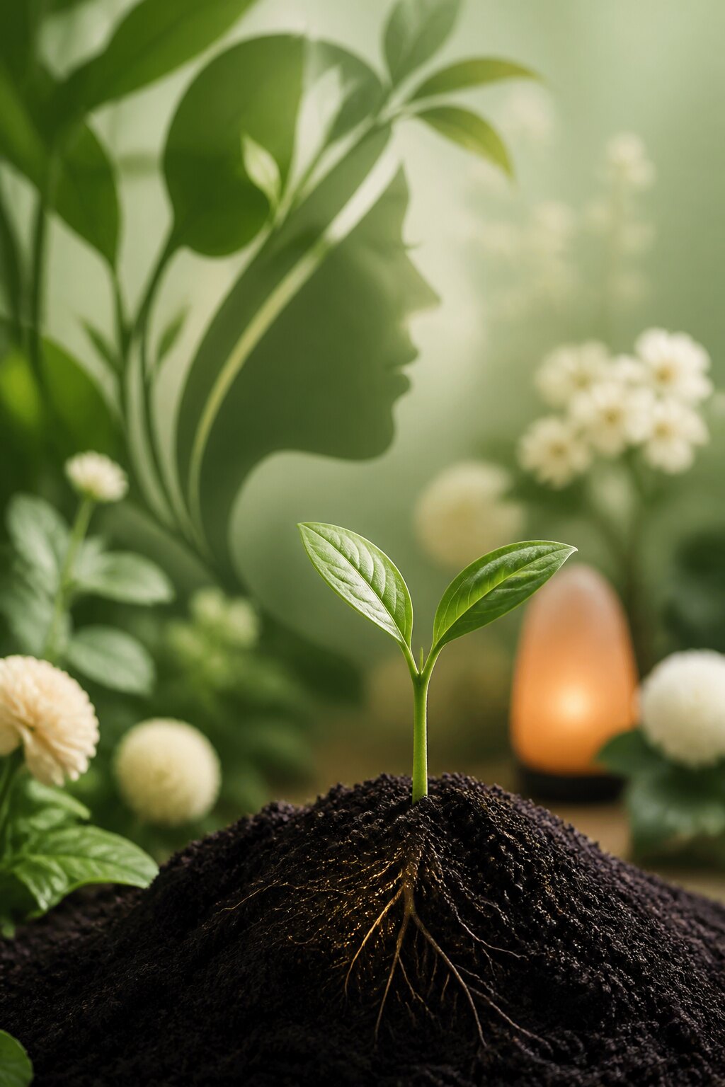 A seedling growing from prepared soil, with inner roots glowing — growth from the inside out